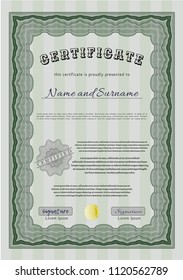 Green Diploma template or certificate template. Vector illustration. With complex background. Lovely design. 