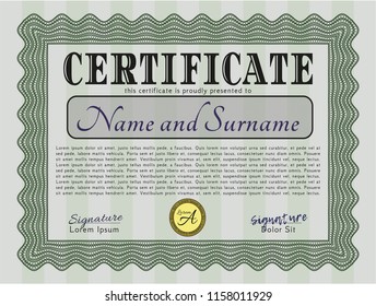 Green Diploma template or certificate template. Vector illustration. With complex linear background. Money Pattern. 