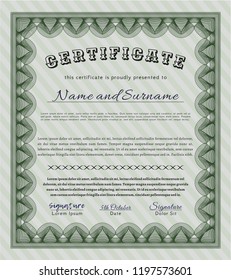 Green Diploma template or certificate template. Vector illustration. With background. Retro design. 
