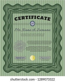 Green Diploma template or certificate template. Vector illustration. With complex background. Nice design. 