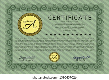 Green Diploma template or certificate template. Vector illustration. With linear background. Retro design. 