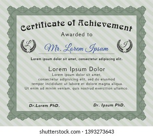 Green Diploma template or certificate template. Vector illustration. With complex background. Lovely design. 