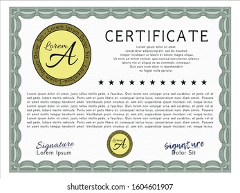 Green Diploma template or certificate template. Vector illustration. With quality background. Retro design. 