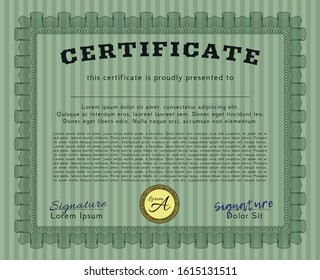 Green Diploma template or certificate template. Vector illustration. With linear background. Retro design. 