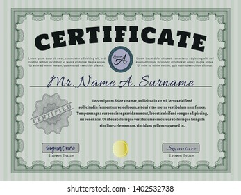 Green Diploma template. Complex background. Artistry design. Vector illustration. 