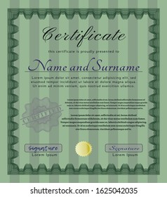 Green Diploma template. Complex background. Vector illustration. Beauty design. 