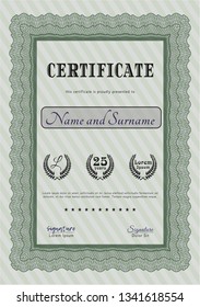 Green Diploma template. Cordial design. With complex background. Vector illustration. 