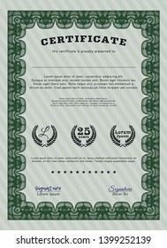 Green Diploma template. Cordial design. Vector illustration. With background. 