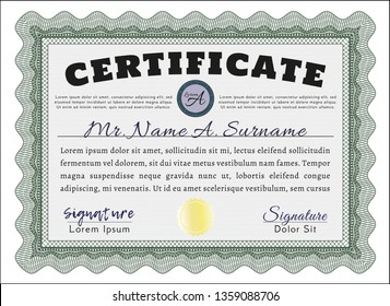 Green Diploma template. Detailed. With complex linear background. Sophisticated design. 