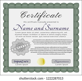 Green Diploma template. Detailed. With linear background. Perfect design. 