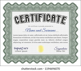 Green Diploma template. Elegant design. Printer friendly. Vector illustration. 