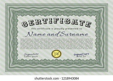 Green Diploma template. Excellent design. With complex background. Vector illustration. 