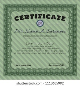 Green Diploma template. With guilloche pattern and background. Money Pattern. Detailed. 