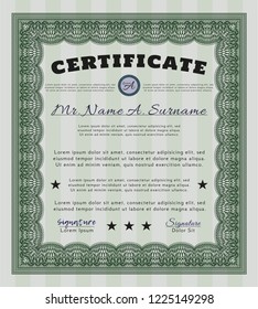 Green Diploma template. With guilloche pattern and background. Money style design. Detailed. 