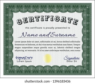 Green Diploma template. With guilloche pattern and background. Excellent design. Detailed. 
