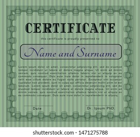 Green Diploma template. With guilloche pattern and background. Vector illustration. Artistry design. 