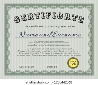 Green Diploma template. With linear background. Sophisticated design. Detailed. 