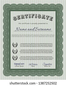Green Diploma template. Lovely design. Vector illustration. Printer friendly. 