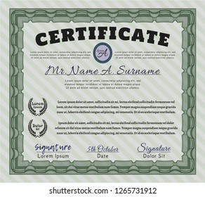 Green Diploma template. Modern design. Detailed. With guilloche pattern and background. 