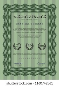 Green Diploma template. Money design. Vector illustration. Complex background. 