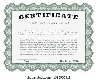 Green Diploma template. Money style design. With guilloche pattern. Vector illustration. 