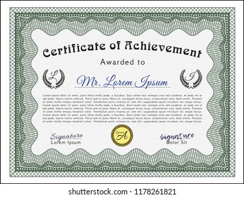 Green Diploma template. Nice design. Complex background. Detailed. 