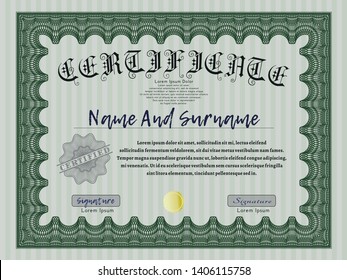Green Diploma template. Nice design. Vector illustration. With background. 
