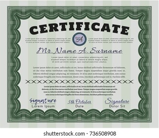 Green Diploma template. Sophisticated design. Vector illustration. With linear background. 