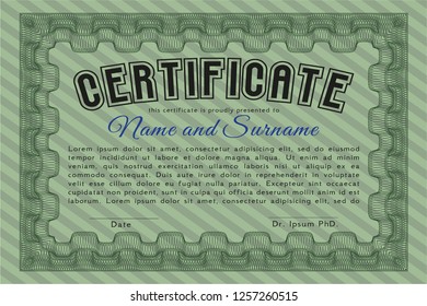 Green Diploma template. Vector illustration. With complex background. Artistry design. 
