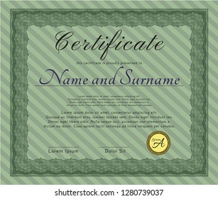 Green Diploma template. Vector illustration. With complex linear background. Beauty design. 