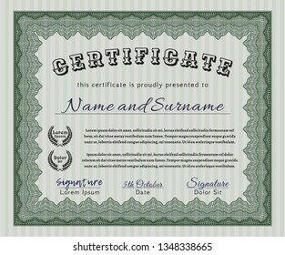 Green Diploma template. Vector illustration. Complex background. Artistry design. 