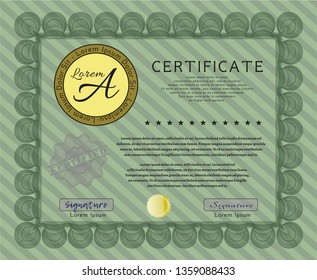 Green Diploma template. Vector illustration. With complex linear background. Money Pattern. 