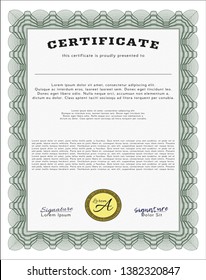 Green Diploma template. Vector illustration. With complex linear background. Retro design. 