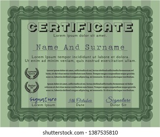 Green Diploma template. Vector illustration. With guilloche pattern and background. Modern design. 