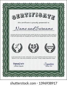 Green Diploma template. Vector illustration. With complex linear background. Sophisticated design. 
