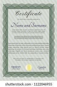 Green Diploma. Vector illustration. With complex linear background. Good design. 