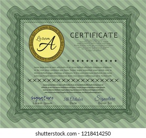 Green Diploma. Vector illustration. With complex background. Money design. 