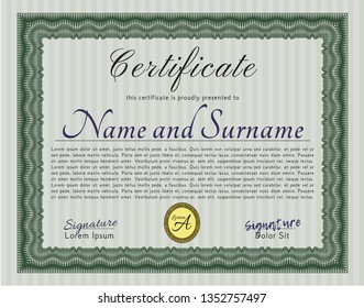 Green Diploma. Vector illustration. Complex background. Cordial design. 