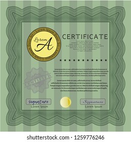Green Diploma. Vector illustration. With guilloche pattern and background. Nice design. 