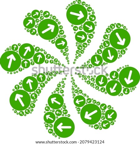 Green direction CW arrow icon exploding bang flower salute shape. Flower whirlpool organized from random green direction CW arrow icons.