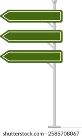 Green directional signpost featuring three blank arrow signs, ideal for navigation and location guidance concepts. The signpost stands on a simple base, ready for customization