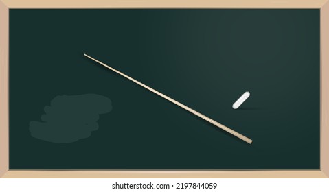 Green Dirty Chalkboard With Chalk And Teachers Pointer. School Board In A Wooden Frame. 3D Realistic Vector Illustration.