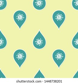 Green Dirty water drop icon isolated seamless pattern on yellow background. Bacteria and germs, microorganism disease, cell cancer, microbe, virus, fungi.  Vector Illustration