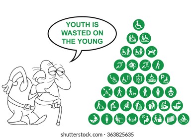 Green disability and people related pyramid graphics collection isolated on white background with comical youth is wasted on the young message