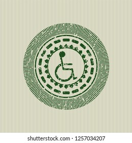 Green disabled (wheelchair) icon inside distressed grunge seal