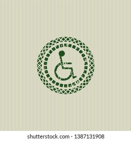 Green disabled (wheelchair) icon inside distressed rubber seal