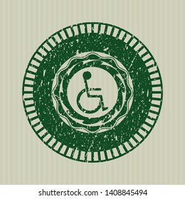 Green disabled (wheelchair) icon inside distressed grunge style stamp