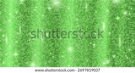 Green disco ball mosaic background with mirror glitter texture. Shiny deep lime colors sequin curtain pattern with dance floor decoration. Glam sparkle Christmas wall. Vector abstract illustration.