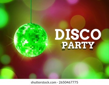 Green disco party design with hanging mirror ball and glowing colorful bokeh lights for dance celebration or club night invitation.