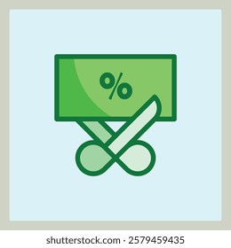 Green Discount Coupon With Scissors Cutting Symbolizing Reduction Or Price Cut Icon